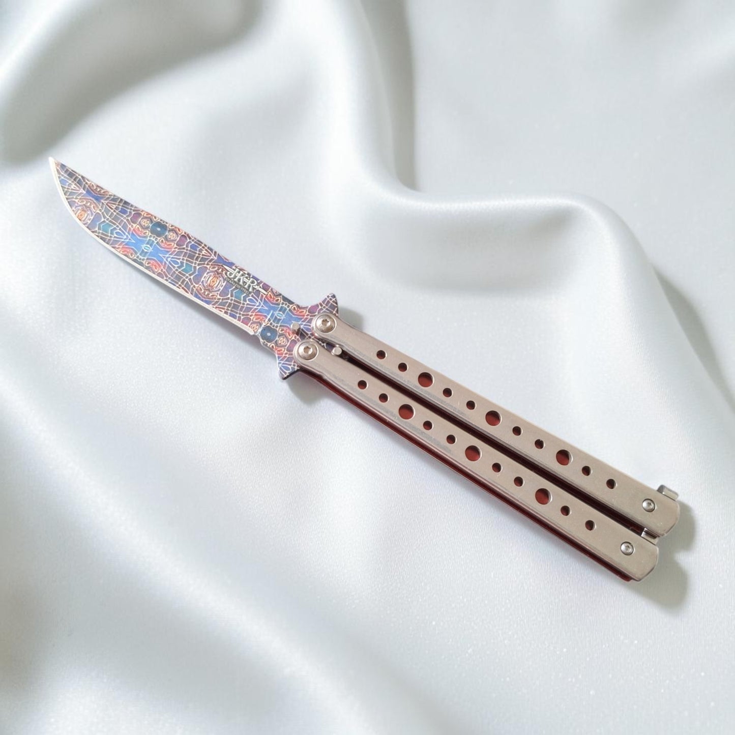 JKR 646 Drugelio tipo peilis (Balisong) 3Cr13, Raudonas/Sidabrinis