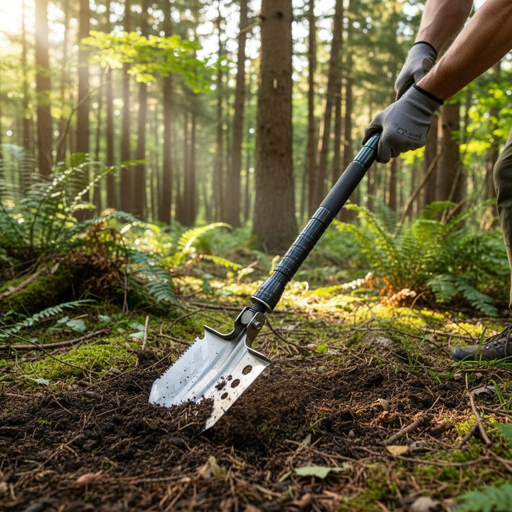 Sulankstomas Kastuvas 15-in-1 Išgyvenimo ir Stovyklavimo Rinkinys