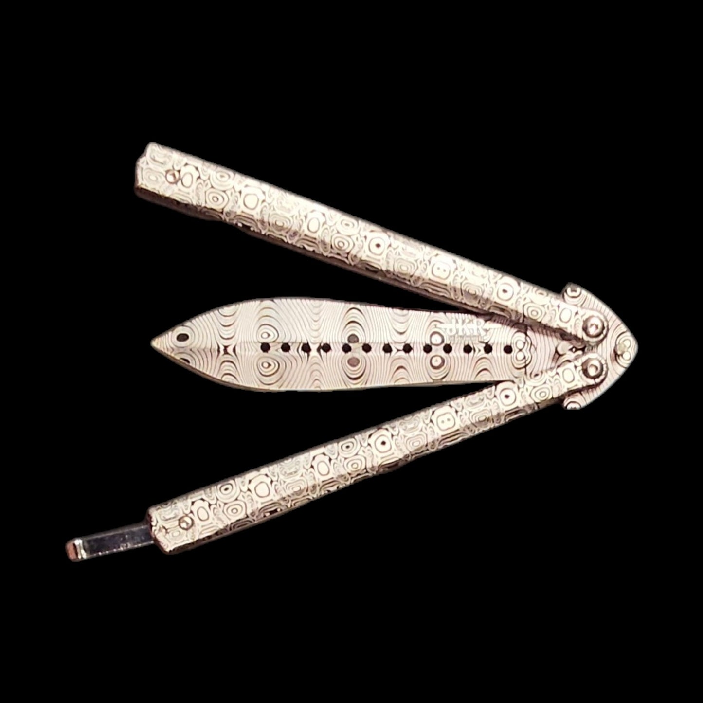 Joker JKR0644 „Butterfly“ drugelio tipo peilis, 11 cm, aliuminio rankena, damasko raštas